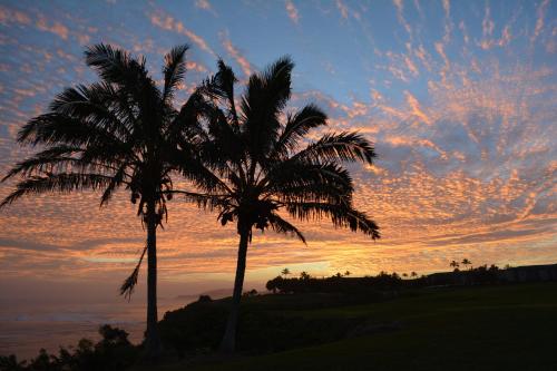 two palm trees in front of a sunset at (P17D) Hale Blue Hawaii 1Br with Loft, Puamana, Pool, Wifi in Princeville