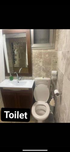 a bathroom with a toilet and a sink and a mirror at יחידה שקטה ונעימה in Nahariyya