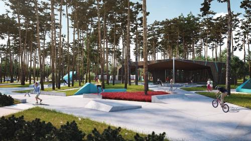 a park with people on skateboards and ramps at City Park Quiet Residence - 2 Room Apartment with Balcony & View in Jūrmala