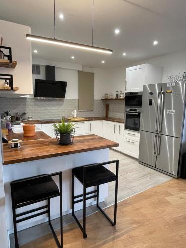 Il comprend une cuisine équipée d'un comptoir en bois et d'un réfrigérateur. dans l'établissement Anatole Résidence - FRANCE, à Hagondange