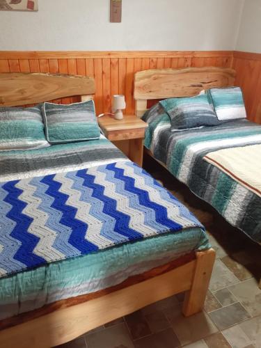 two beds sitting next to each other in a room at cabañas y tiny house los arrayanes in Pucón