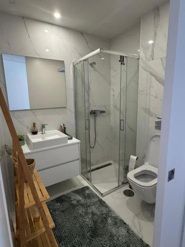 a bathroom with a shower and a sink and a toilet at Aver Beach Haven in Póvoa de Varzim
