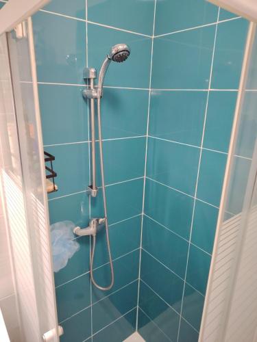une salle de bain avec douche aux carreaux bleus dans l'établissement Joli appartement proche transport, à Vénissieux