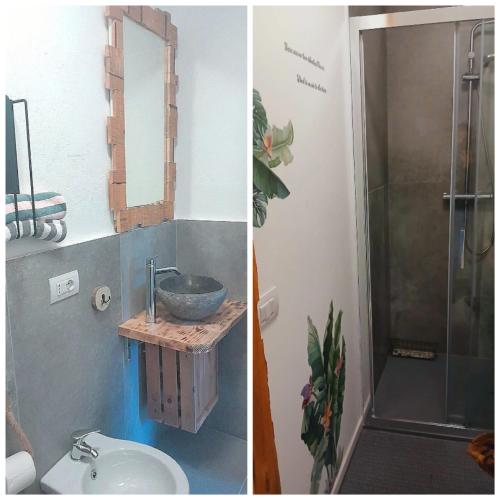 two pictures of a bathroom with a sink and a shower at Lucia's Wood House in Intra