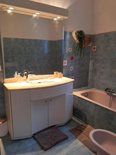 une salle de bain avec un lavabo et une baignoire dans l'établissement F2 cosy idéal pour les vacances, à Sarrola-Carcopino
