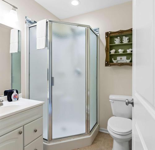 a bathroom with a shower and a toilet at Large Open Floor Home with Fire Pit on the Lake in Grand Junction