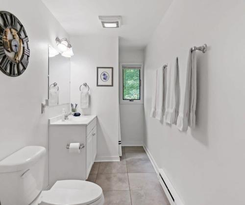 a white bathroom with a toilet and a sink at Scenic and Stunning Lakefront Home with Large Yard in Grand Junction