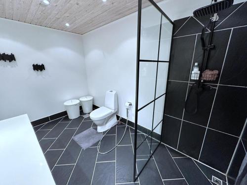 a bathroom with a toilet and a shower with black tiles at Cozy Coastal Home in Egernsund in Egernsund