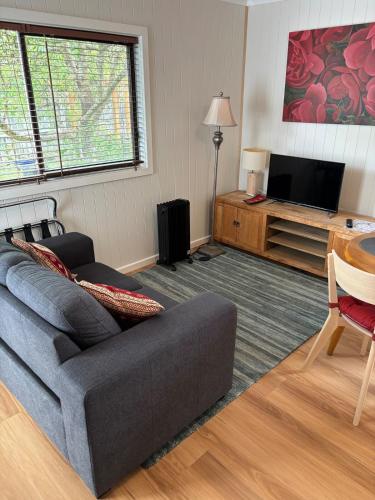 a living room with a couch and a flat screen tv at The Blue House in Lake Tyers