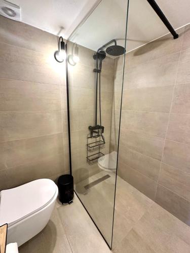 a bathroom with a toilet and a glass shower at KYMA sea view apartment 40 meters from the beach in Makry Gialos