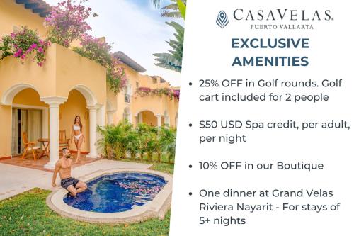 a flyer for a villa with a boy in a pool at Casa Velas Adults Only All Inclusive in Puerto Vallarta