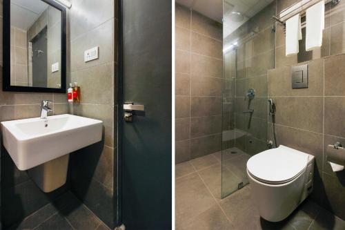 two pictures of a bathroom with a toilet and a sink at Super Townhouse RCC Elite in Hyderabad