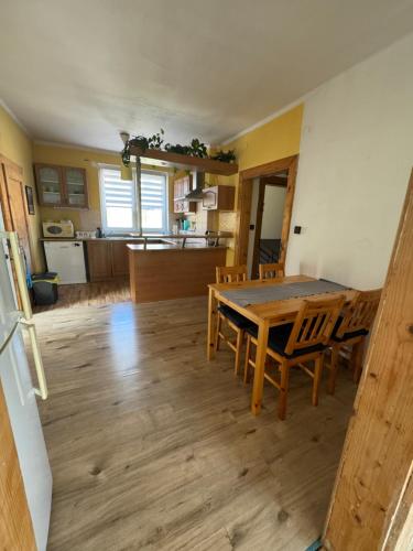 a kitchen and dining room with a wooden table and chairs at Apartmán s parkováním in Hrabŭvka