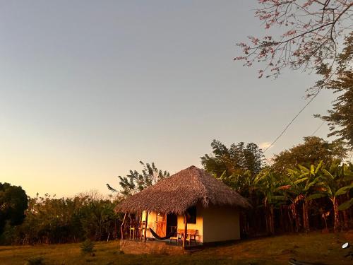a small hut with a grass roof on a field at Finca Aisa -Boutique bungalows in Ometepe island in Santa Cruz