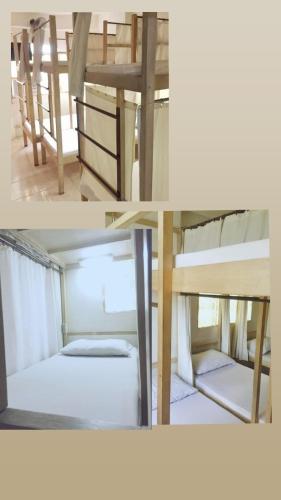 two pictures of a bunk bed in a room at 1 River Central Hostel in Manila