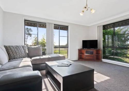 a living room with a couch and a coffee table at Hunter Valley Homes Pets Heated Pool in Whittingham