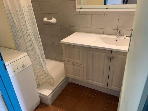 une salle de bain avec un lavabo et un rideau de douche dans l'établissement Port Camargue, Appartement 2 Pièces Climat. avec Terrasse Vue Mer - FR-1-731-127, au Grau-du-Roi