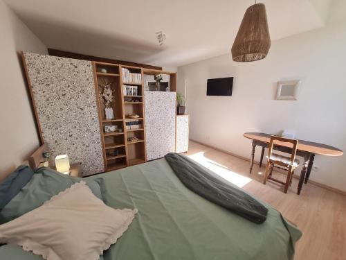 un salon avec un lit et une table de salle à manger dans l'établissement Appartement lumineux rénové, près de Nancy - FR-1-584-372, à Sexey-les Bois