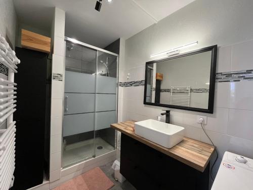 une salle de bain avec un lavabo, une douche et un miroir dans l'établissement Appartement T3 avec balcon et parking privé au port d'Arcachon - FR-1-319-591, à Arcachon
