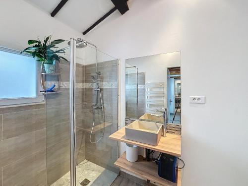 une salle de bain avec une douche en verre et un lavabo dans l'établissement Appartement 4 pers. Climatisation, Animaux admis - FR-1-475-153, à Saintes-Maries-de-la-Mer