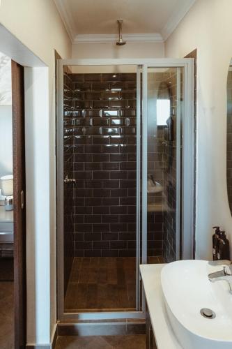 a bathroom with a glass shower with a white sink at The Feather Hill Boutique Hotel in Potchefstroom