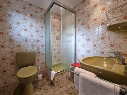 a bathroom with a toilet and a sink and a tub at Ferienhaus Goldenes Landl in Mittenwald