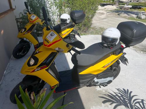 two yellow motorcycles parked next to a house at KoriKori House Fakarava II in Rotoava