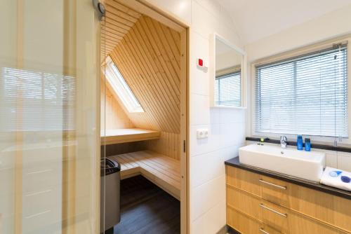 a small bathroom with a sink and a shower at Wilgenhaege Vakantievilla Wellness in Hellendoorn