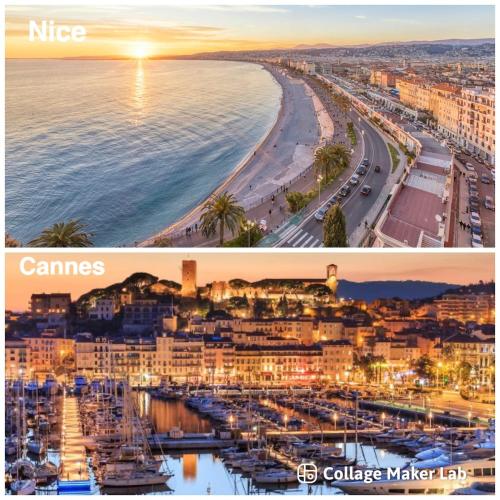 deux photos d'une ville et d'une plage dans l'établissement Appartement vue mer tout confort, à Villeneuve-Loubet