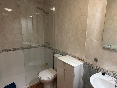 格兰阿利坎特Top-floor apartment with 65 m2 sun terrace, renovated kitchen and bathroom的浴室里有马桶、淋浴和洗手池。