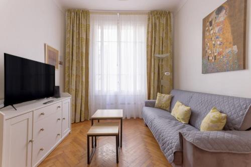 un salon avec un canapé et une télévision dans l'établissement Nice flat in the heart of Cannes, à Cannes