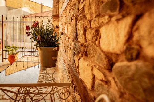 a table with a potted plant on a stone wall at ΣΟΧΟΣ ΠΑΡΑΔΟΣΙΑΚΕΣ ΟΙΚΙΕΣ - Σαχνισί in Zokhós