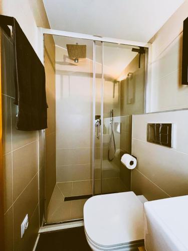 a bathroom with a shower and a toilet at 108 - Tiny House mit Blick ins Grüne in Bleckede