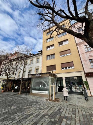 a group of people walking in front of a building at The Heart of the City in Bratislava