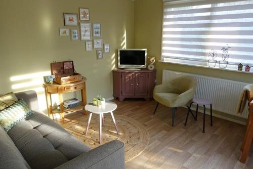 a living room with a couch and a tv at Rekerlanden 257 in Schoorldam