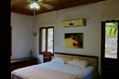a bedroom with a bed and two windows at The Vista Village in Kumluca