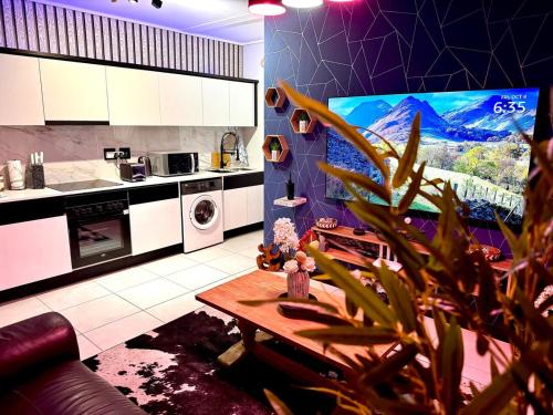 Una cocina con televisión y una planta en maceta. en Xiluva Flower Smart Apartment, en Midrand