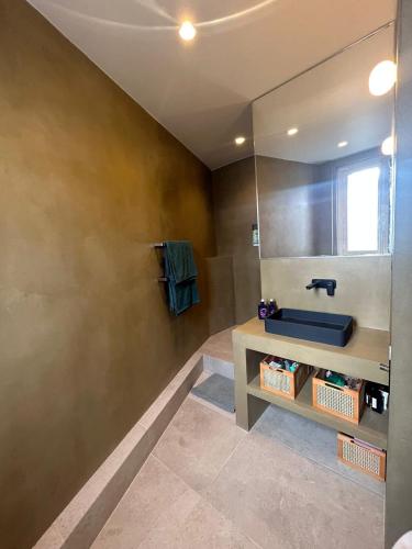 une salle de bain avec un lavabo et un miroir dans l'établissement AppartHaussmann Paris Suresnes Longchamp, à Suresnes