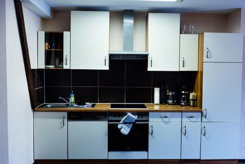a kitchen with white cabinets and a sink at Landkulturhof Glücksbringer in Rudolstadt