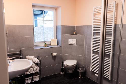 a bathroom with a sink and a toilet and a window at Landkulturhof Glücksbringer in Rudolstadt
