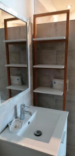 une salle de bain avec un lavabo et un miroir dans l'établissement Maison de campagne, à Bazillac