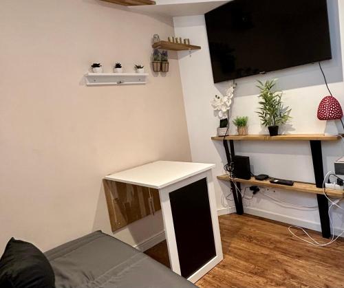 un salon avec une télévision à écran plat au mur dans l'établissement Le Nid Du Vaugueux, à Caen