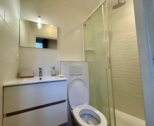 une salle de bain avec toilettes, lavabo et douche dans l'établissement Le Nid Du Vaugueux, à Caen