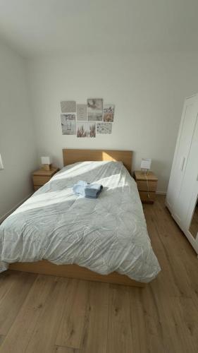 une chambre avec un grand lit avec un plancher en bois dans l'établissement Bright and Modern Apartment in Dijon, à Dijon