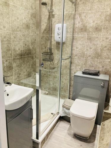 a bathroom with a shower and a toilet and a sink at Cottage in Saddleworth with private garden and great views in Greenfield