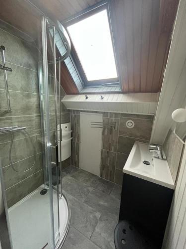 La salle de bains est pourvue d'une douche, d'un lavabo et d'une lucarne. dans l'établissement Grand Gîte le Skieur à Besse, à Besse-et-Saint-Anastaise