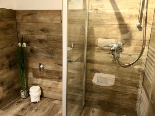 a shower in a bathroom with a wooden wall at kleine meerZeit, süßes Knusperhäuschen mit Kaminofen in Fehmarn