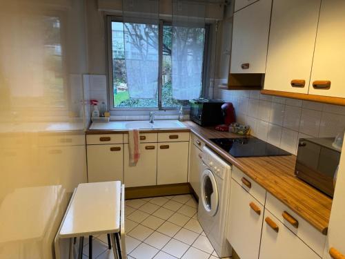 une cuisine avec un évier et une machine à laver dans l'établissement Le cosy du 12ème, à Paris