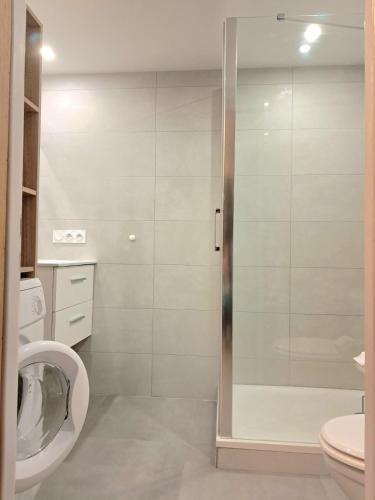 une salle de bain avec douche et toilettes dans l'établissement Beau F2 au coeur de Hyères, à Hyères
