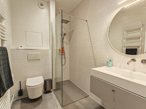 un bagno con un water, un lavandino e uno specchio di 2 chambres - entrée privée - gare & palais de congés à 5 min - self check-in a Tours